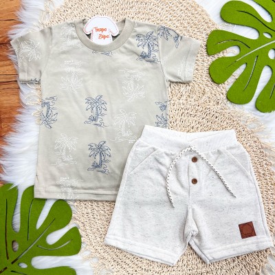  Conj. Camiseta Coqueiro e Bermuda em Linho - Areia
